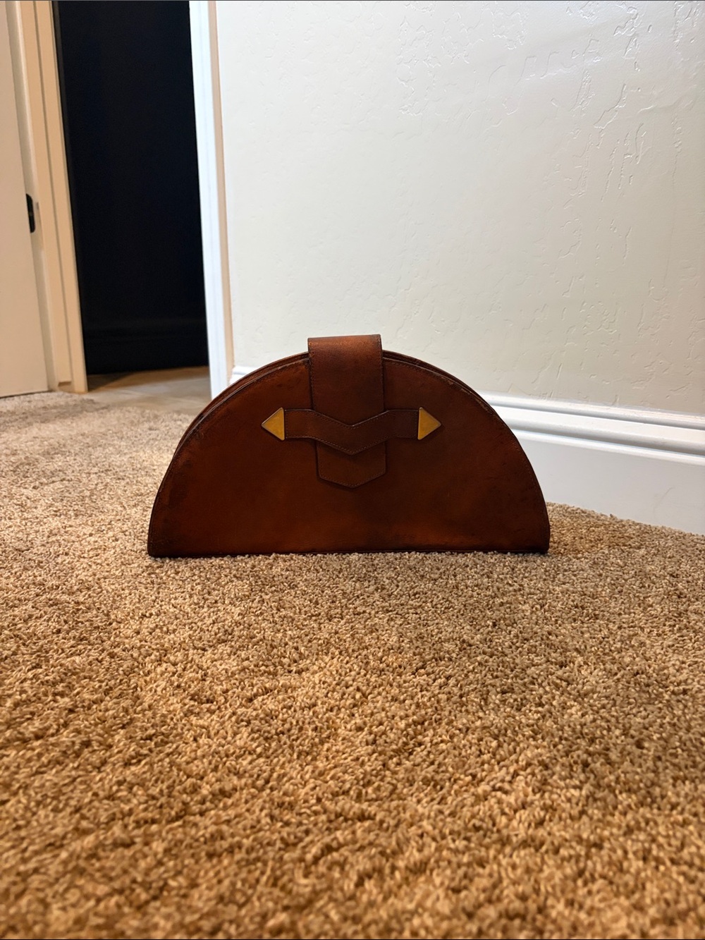 Semi-Circle Brown Leather Wristlet Clutch with Gold Accents